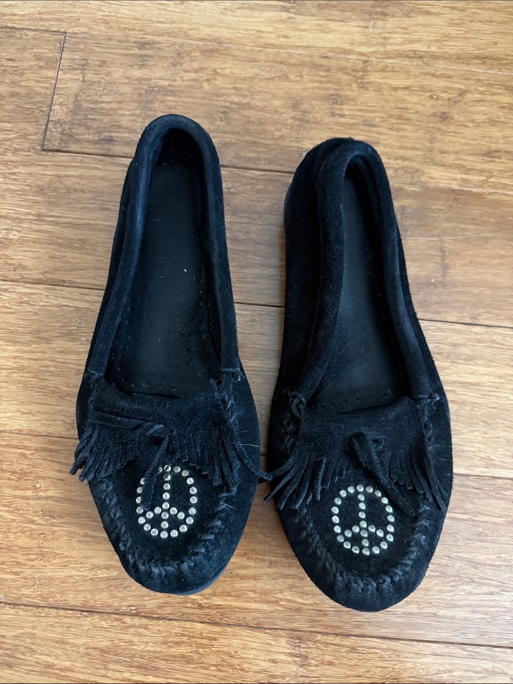 Black Suede Moccasin Loafers with Stud Peace Design